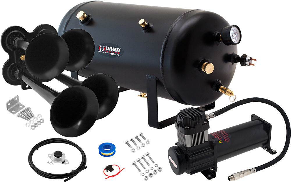 VIXEN HORNS VXO8350B/4114B QUAD TRUMPET TRAIN AIR HORN BLACK WITH 5 GALLON TANK AND 200 PSI COMPRESSOR image 0