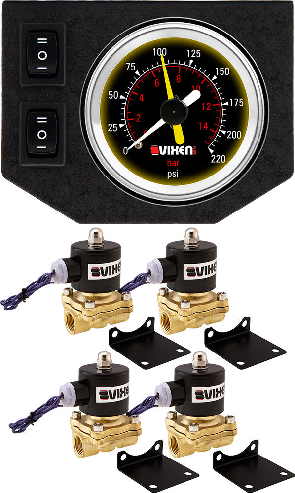 VIXEN AIR VXF1G2012B 1/2" NPT ELECTRIC AIR VALVE (SOLENOID) 210PSI 12V (4-PACK) WITH 1 DUAL NEEDLE GAUGE/2 SWITCH DASH PANEL KIT BLACK image 0