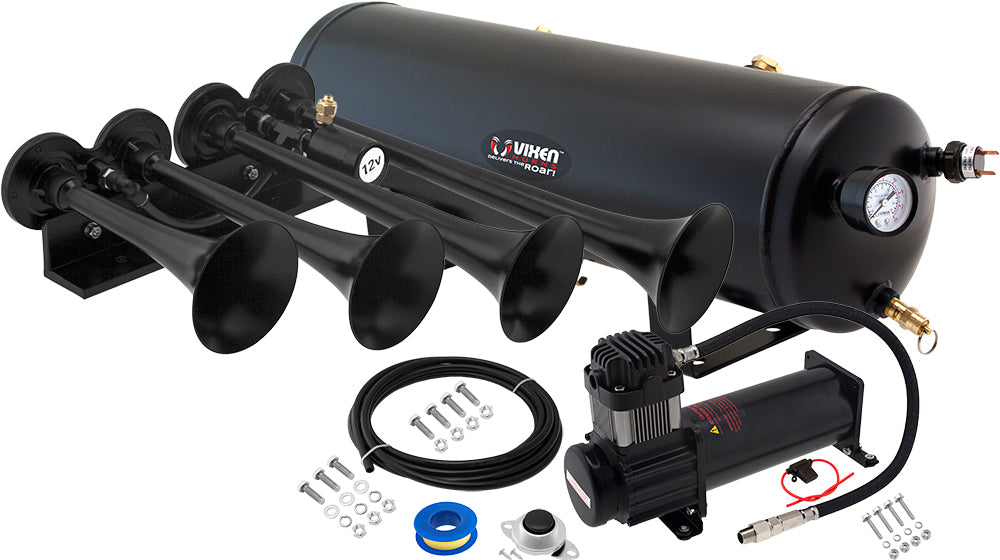 VIXEN HORNS VXO8330B/4124XB QUAD TRUMPET TRAIN AIR HORN BLACK WITH 3 GALLON TANK AND 200 PSI COMPRESSOR image 0
