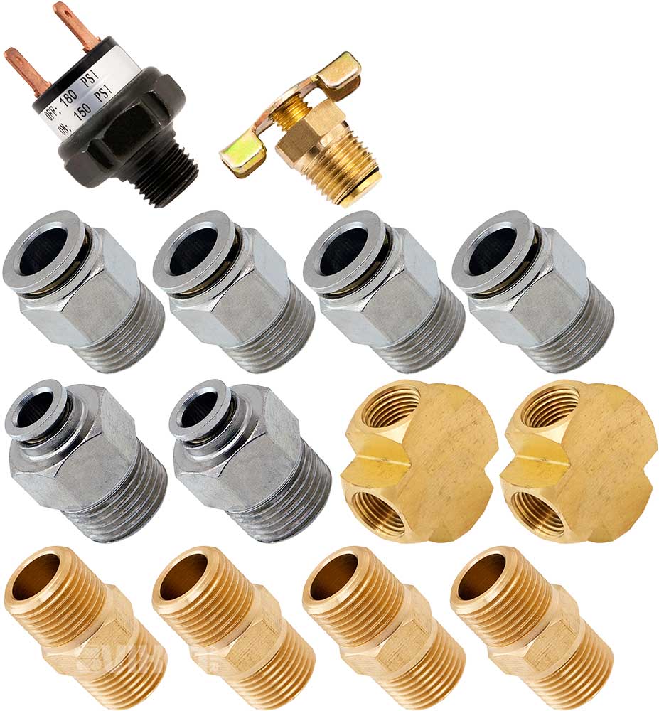 VIXEN AIR VXK3832 SET OF FITTINGS FOR FOUR 3/8" NPT AIR VALVES USING 3/8" AND 1/4" OD AIR LINES, PRESSURE SWITCH INCLUDED image 0