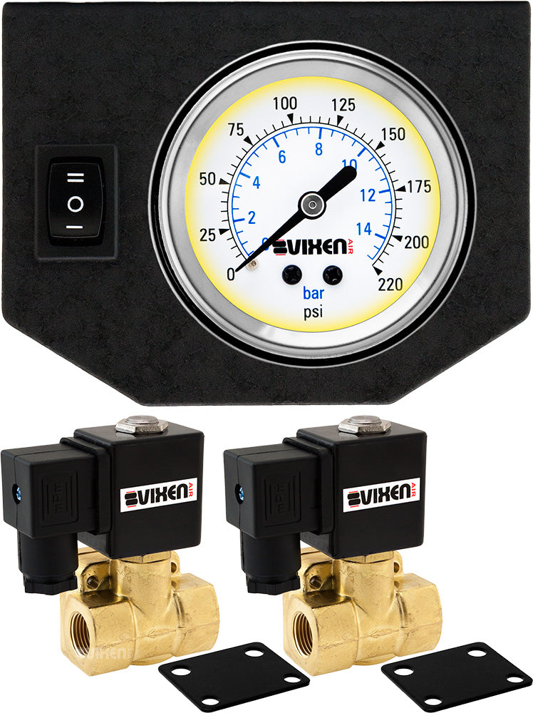 VIXEN AIR VXF0G4038W 3/8" NPT ELECTRIC AIR VALVE (SOLENOID) 250PSI 12V (2-PACK) WITH 1 SINGLE NEEDLE GAUGE/1 SWITCH DASH PANEL KIT WHITE image 0