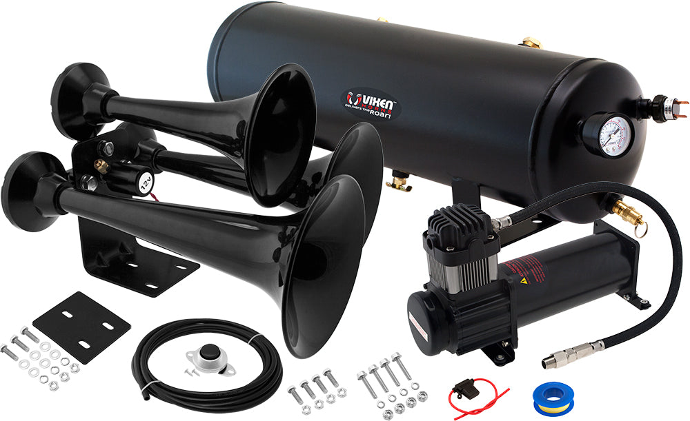 VIXEN HORNS VXO8330B/3318XB TRIPLE TRUMPET ABS TRAIN AIR HORN BLACK WITH 3 GALLON TANK AND 200 PSI COMPRESSOR image 0