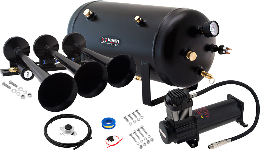 VIXEN HORNS VXO8350B/3118B TRIPLE TRUMPET TRAIN AIR HORN BLACK WITH 5 GALLON TANK AND 200 PSI COMPRESSOR image 0