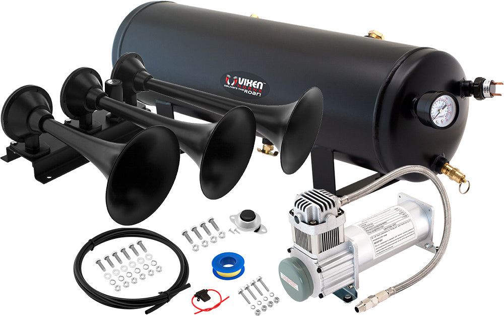 VIXEN HORNS VXO8330/3418B TRIPLE TRUMPET TRAIN AIR HORN BLACK WITH 3 GALLON TANK AND 200 PSI COMPRESSOR image 0