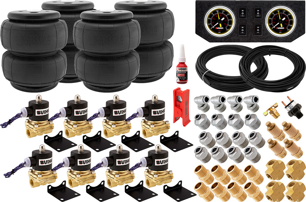 VIXEN AIR VXK1204FB 1/2" NPT AIR RIDE SUSPENSION HIGH FLOW AIR VALVES WITH FOUR AIR SPRINGS, PRESSURE SWITCH, GAUGE DASH PANEL, HOSES AND FITTINGS image 0