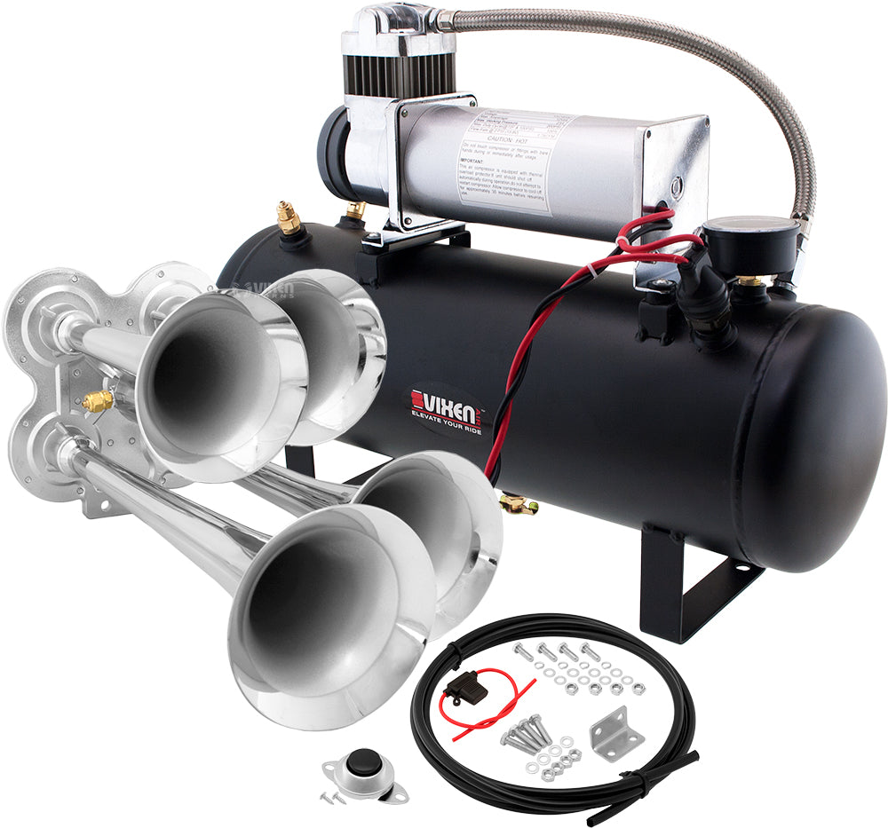 VIXEN HORNS VXO8580/4114C QUAD TRUMPET TRAIN AIR HORN CHROME PLATED WITH 2.5 GALLON TANK AND 200 PSI COMPRESSOR image 0