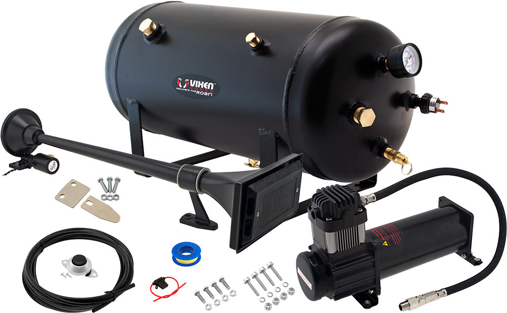 VIXEN HORNS VXO8350B/1264B SINGLE TRUMPET TRAIN AIR HORN BLACK WITH 5 GALLON TANK AND 200 PSI COMPRESSOR image 0
