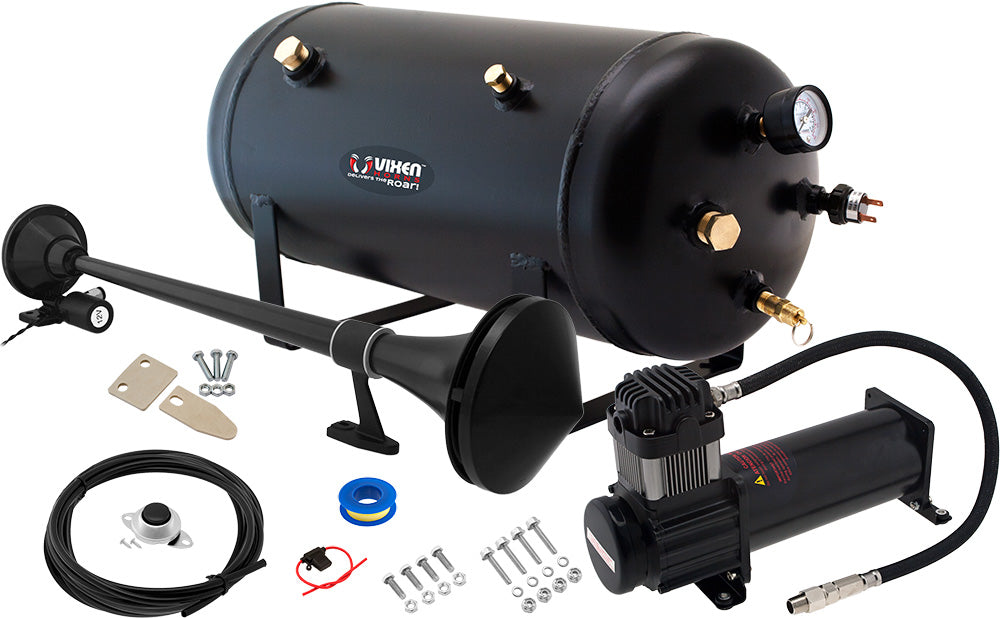 VIXEN HORNS VXO8350B/1168B SINGLE TRUMPET TRAIN AIR HORN BLACK WITH 5 GALLON TANK AND 200 PSI COMPRESSOR image 0
