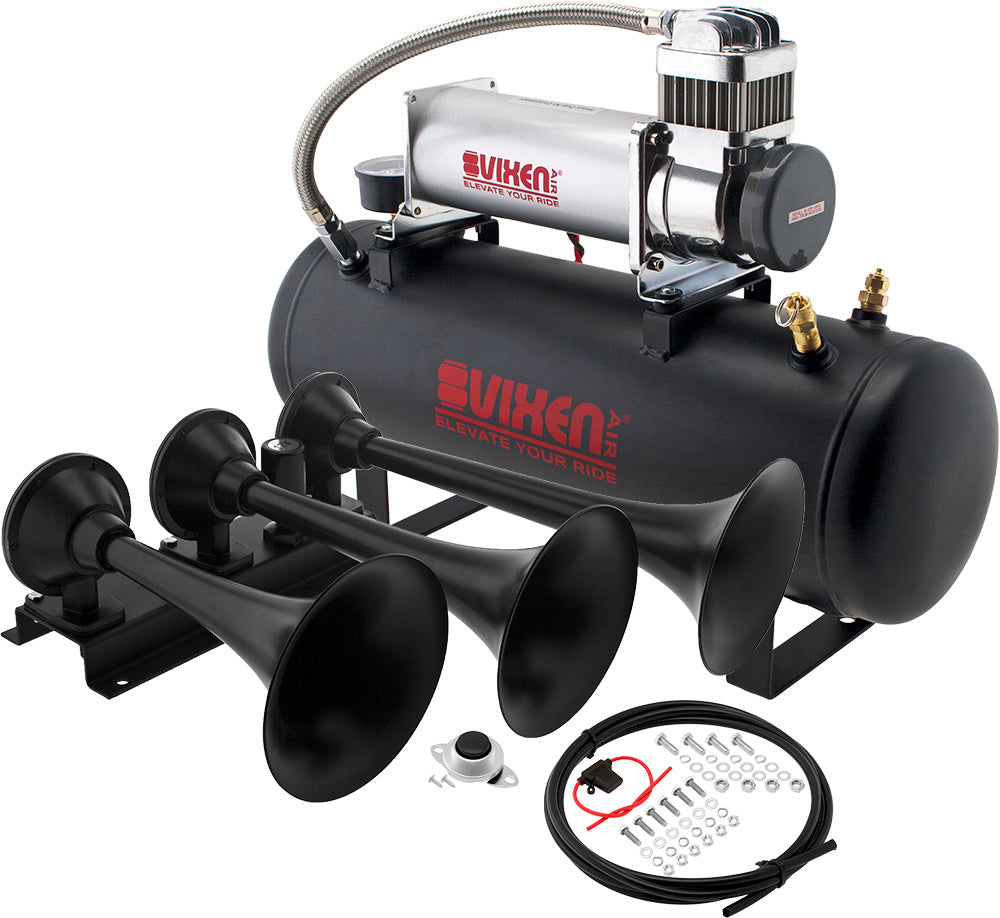 VIXEN HORNS VXO8580/3418B TRIPLE TRUMPET TRAIN AIR HORN BLACK WITH 2.5 GALLON TANK AND 200 PSI COMPRESSOR image 0