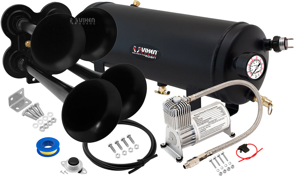 VIXEN HORNS VXO8715/4114B QUAD TRUMPET TRAIN AIR HORN BLACK WITH 1.5 GALLON TANK AND 150 PSI COMPRESSOR image 0