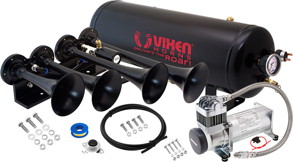 VIXEN HORNS VXO8325/4124B QUAD TRUMPET TRAIN AIR HORN BLACK WITH 2.5 GALLON TANK AND 200 PSI COMPRESSOR image 0