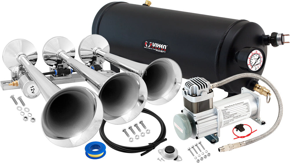 VIXEN HORNS VXO8115/3118 TRIPLE TRUMPET TRAIN AIR HORN CHROME PLATED WITH 1.5 GALLON TANK AND 150 PSI COMPRESSOR image 0