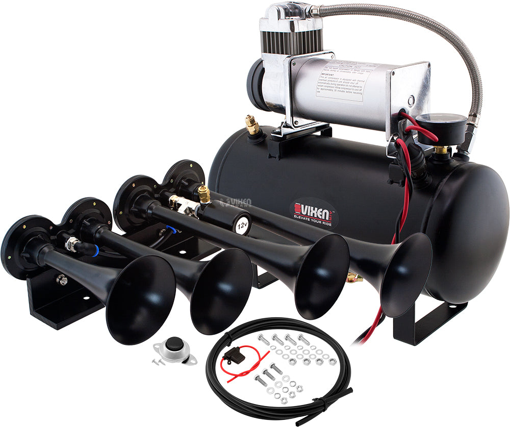 VIXEN HORNS VXO8560/4124B QUAD TRUMPET TRAIN AIR HORN BLACK WITH 2 GALLON TANK AND 150 PSI COMPRESSOR image 0