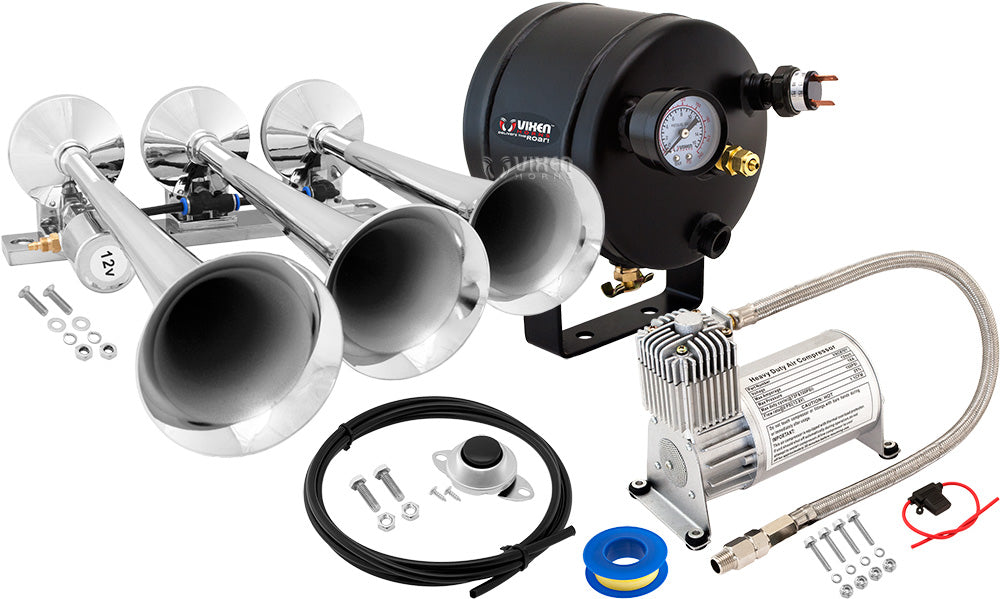 VIXEN HORNS VXO8705/3118 TRIPLE TRUMPET TRAIN AIR HORN CHROME PLATED WITH 0.5 GALLON TANK AND 150 PSI COMPRESSOR image 0