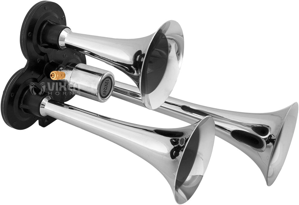 VIXEN HORNS VXO8115/3311 TRIPLE TRUMPET TRAIN AIR HORN CHROME PLATED WITH 1.5 GALLON TANK AND 150 PSI COMPRESSOR image 1