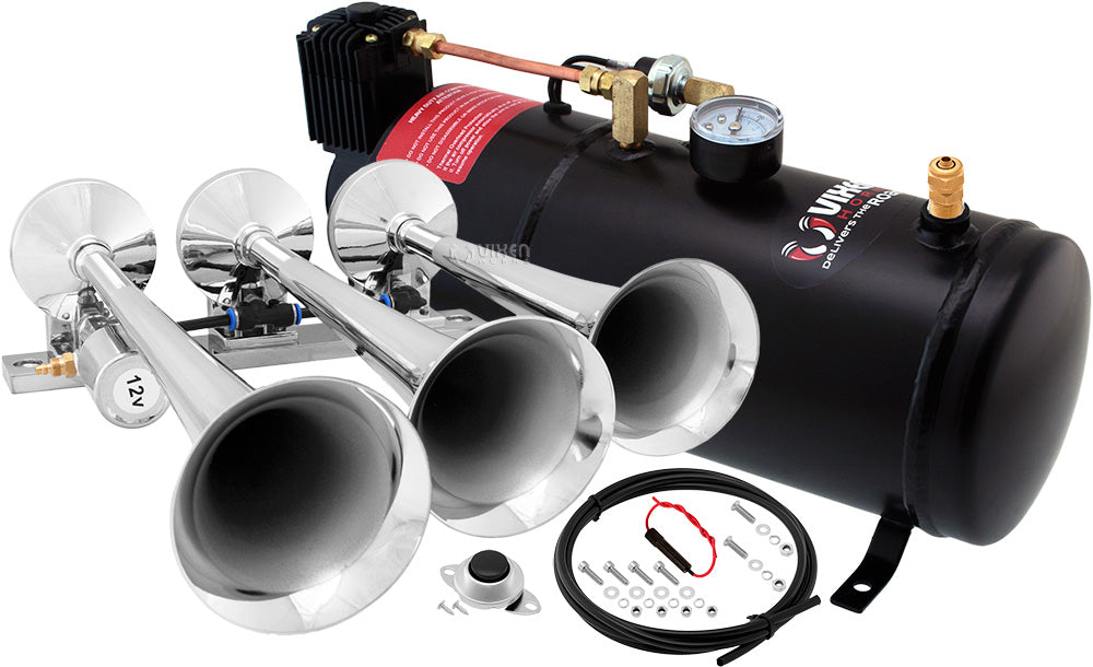 VIXEN HORNS VXO8210/3118 TRIPLE TRUMPET TRAIN AIR HORN CHROME PLATED WITH 1 GALLON TANK AND 150 PSI COMPRESSOR image 0