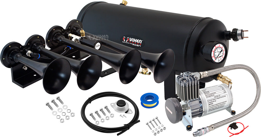 VIXEN HORNS VXO8815/4124B QUAD TRUMPET TRAIN AIR HORN BLACK WITH 1.5 GALLON TANK AND 150 PSI COMPRESSOR image 0