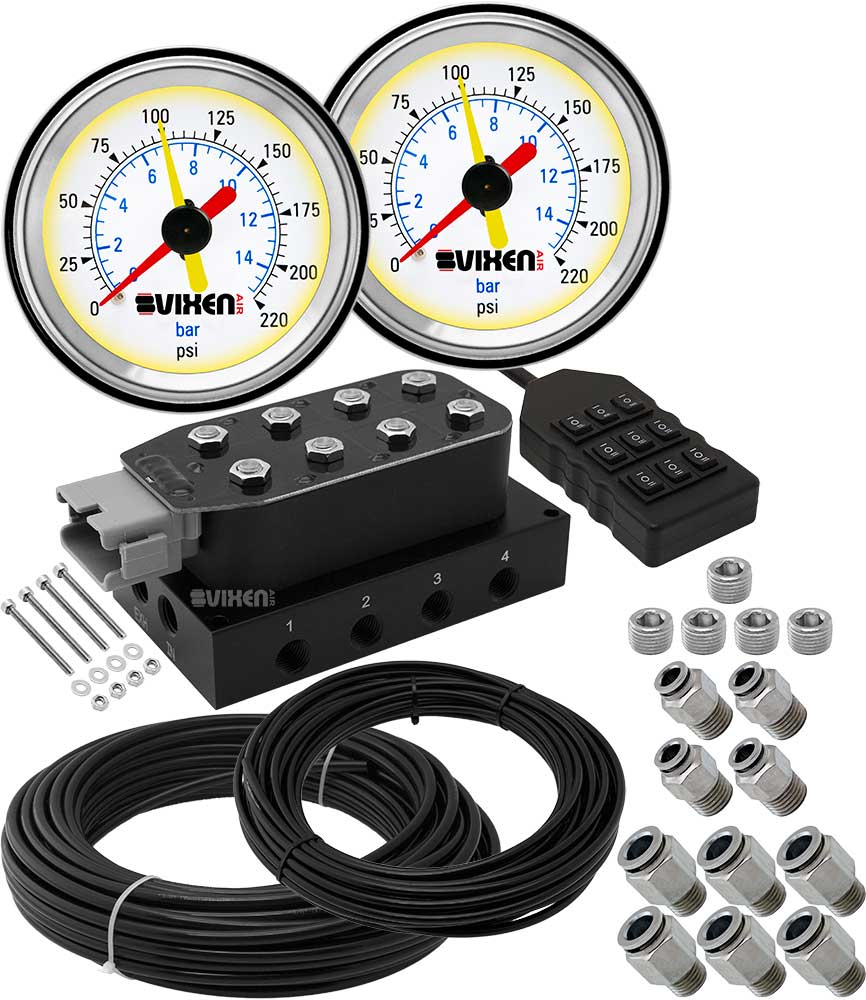 VIXEN AIR VXF4CM01W 8 VALVE SUSPENSION MANIFOLD WITH TWO DUAL NEEDLE WHITE GAUGES, 3/8" OD HOSE 100 FT, 1/4" OD HOSE 50 FT AND FITTINGS image 0