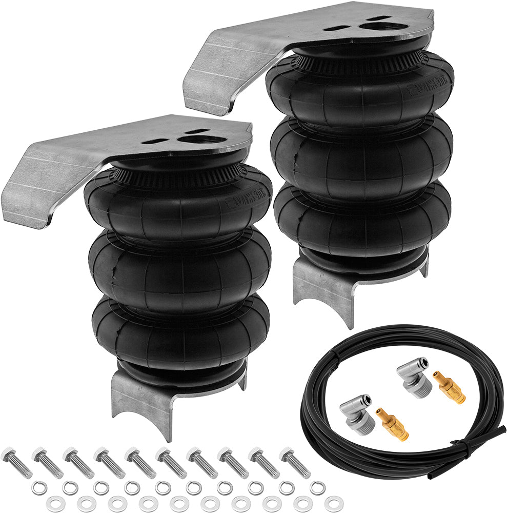 VIXEN AIR VXD26T14S/BB 1/2" NPT SINGLE AIR PORT TRIPLE BELLOW SUSPENSION AIR SPRING/AIR BAGS WITH UNIVERSAL BRACKETS, FITTINGS, SCHRADER VALVES AND 20FT HOSE image 0