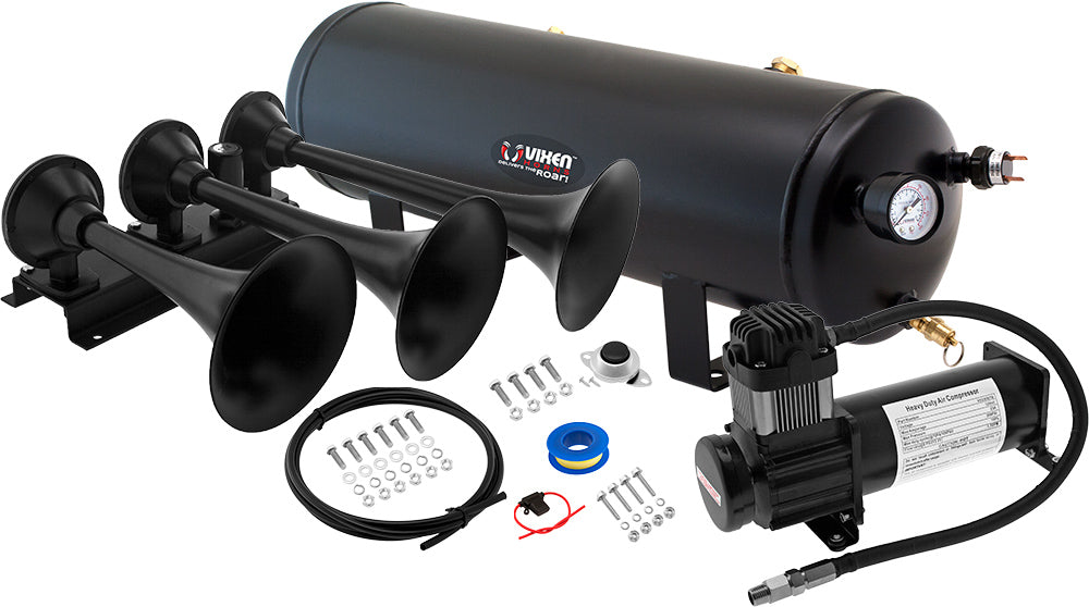 VIXEN HORNS VXO8330B/3418B TRIPLE TRUMPET TRAIN AIR HORN BLACK WITH 3 GALLON TANK AND 200 PSI COMPRESSOR image 0