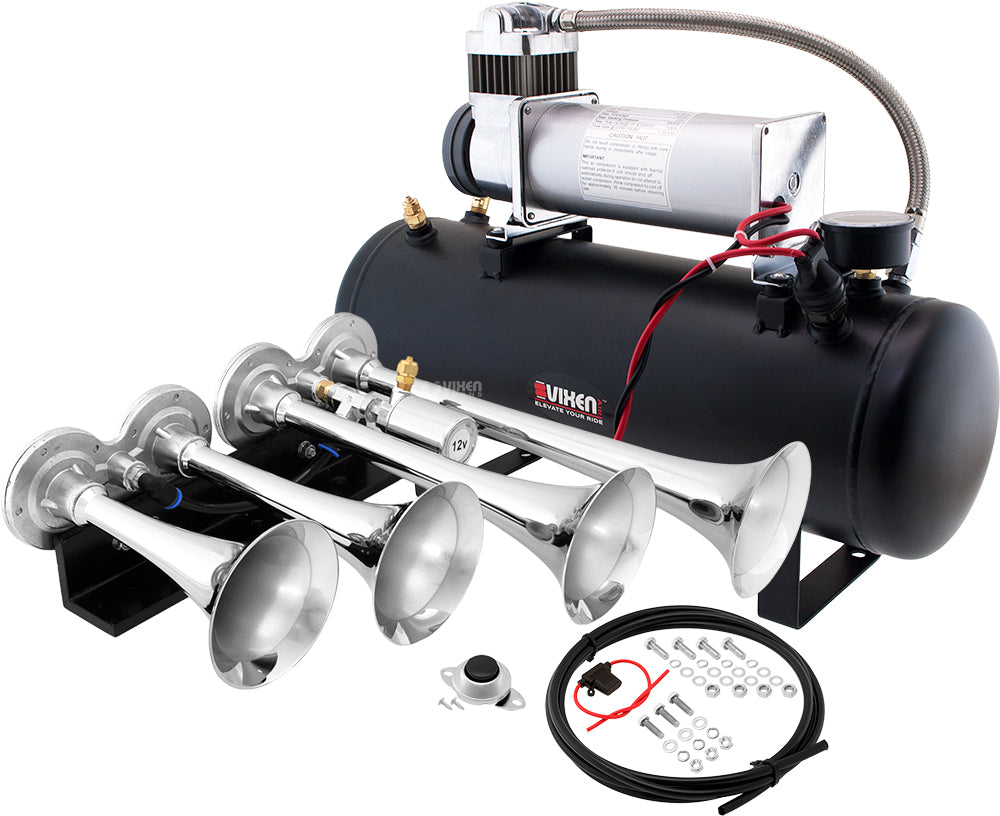VIXEN HORNS VXO8580/4124C QUAD TRUMPET TRAIN AIR HORN CHROME PLATED WITH 2.5 GALLON TANK AND 200 PSI COMPRESSOR image 0