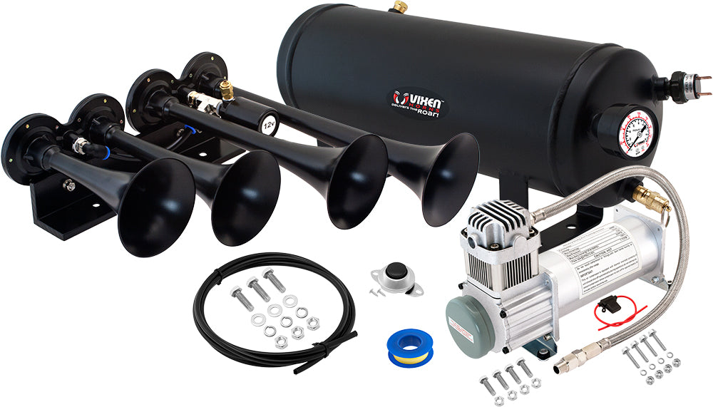 VIXEN HORNS VXO8315/4124B QUAD TRUMPET TRAIN AIR HORN BLACK WITH 1.5 GALLON TANK AND 200 PSI COMPRESSOR image 0