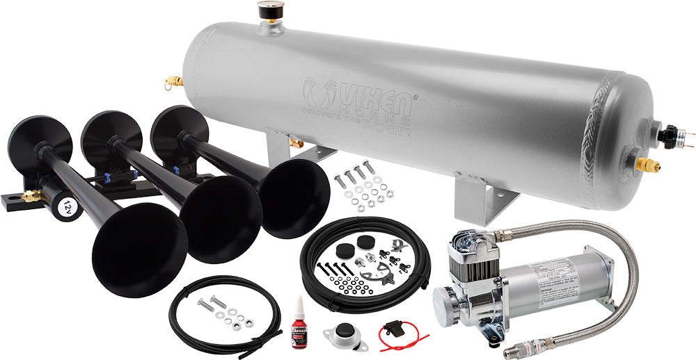 VIXEN HORNS VXO8330APRO/3118B TRIPLE TRUMPET TRAIN AIR HORN BLACK WITH 3 GALLON ALUMINUM TANK AND 200 PSI COMPRESSOR image 0