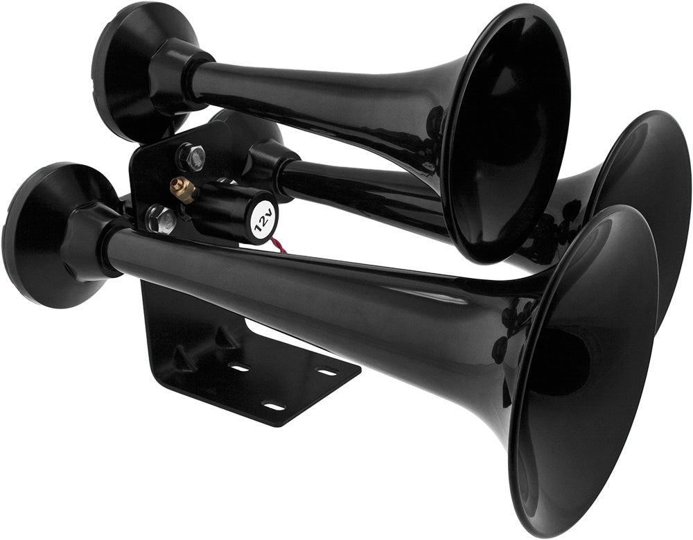 VIXEN HORNS VXO4830AB/3318XB TRIPLE TRUMPET ABS TRAIN AIR HORN BLACK WITH 3 GALLON ALUMINUM TANK AND 200 PSI COMPRESSOR image 1