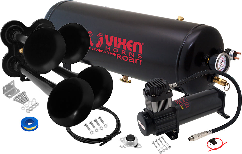VIXEN HORNS VXO8325B/4114B QUAD TRUMPET TRAIN AIR HORN BLACK WITH 2.5 GALLON TANK AND 200 PSI COMPRESSOR image 0
