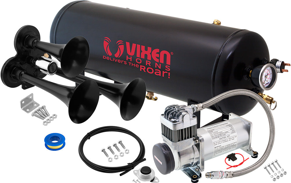 VIXEN HORNS VXO8325/3311B TRIPLE TRUMPET TRAIN AIR HORN BLACK WITH 2.5 GALLON TANK AND 200 PSI COMPRESSOR image 0