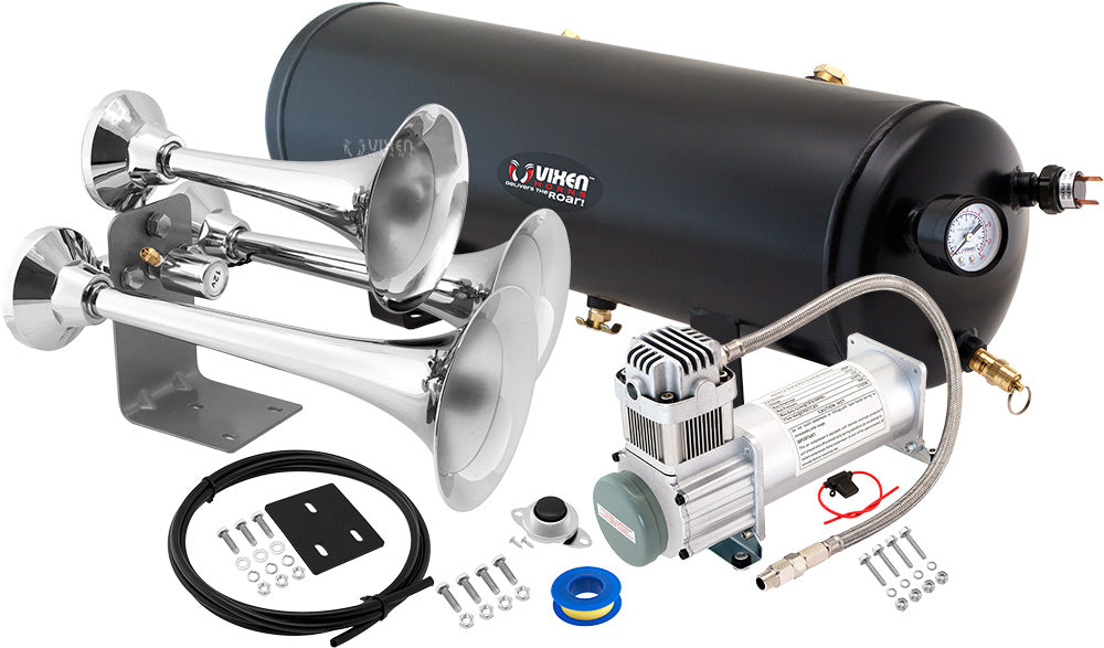 VIXEN HORNS VXO8330/3318 TRIPLE TRUMPET TRAIN AIR HORN CHROME PLATED WITH 3 GALLON TANK AND 200 PSI COMPRESSOR image 0