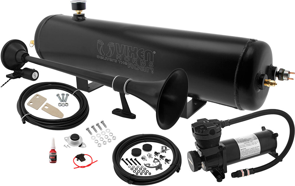 VIXEN HORNS VXO4830AB/1164B SINGLE TRUMPET TRAIN AIR HORN BLACK WITH 3 GALLON ALUMINUM TANK AND 200 PSI COMPRESSOR image 0