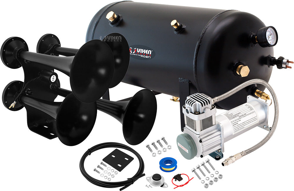 VIXEN HORNS VXO8350/4318B QUAD TRUMPET TRAIN AIR HORN BLACK WITH 5 GALLON TANK AND 200 PSI COMPRESSOR image 0