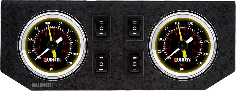 VIXEN AIR VXF2GP4RKB 2″ DUAL NEEDLE AIR PRESSURE GAUGES METAL DASH PANEL WITH FOUR SWITCHES BLACK image 0