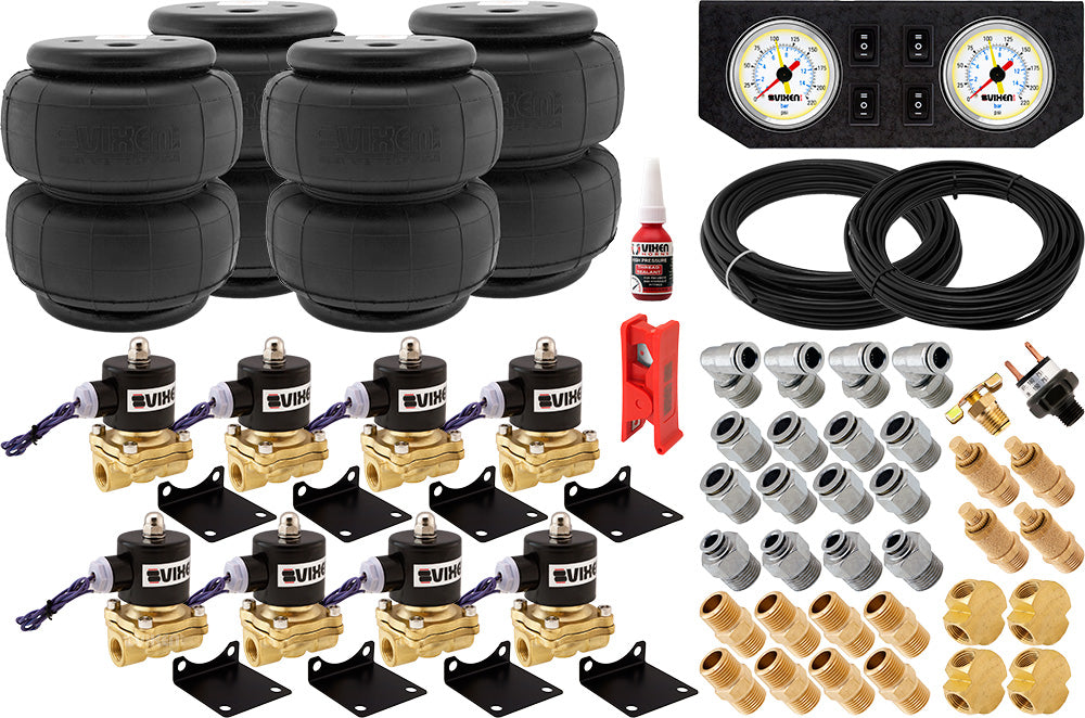 VIXEN AIR VXK3804FW 3/8" NPT AIR RIDE SUSPENSION HIGH FLOW AIR VALVES WITH FOUR AIR SPRINGS, PRESSURE SWITCH, GAUGE DASH PANEL, HOSES AND FITTINGS image 0