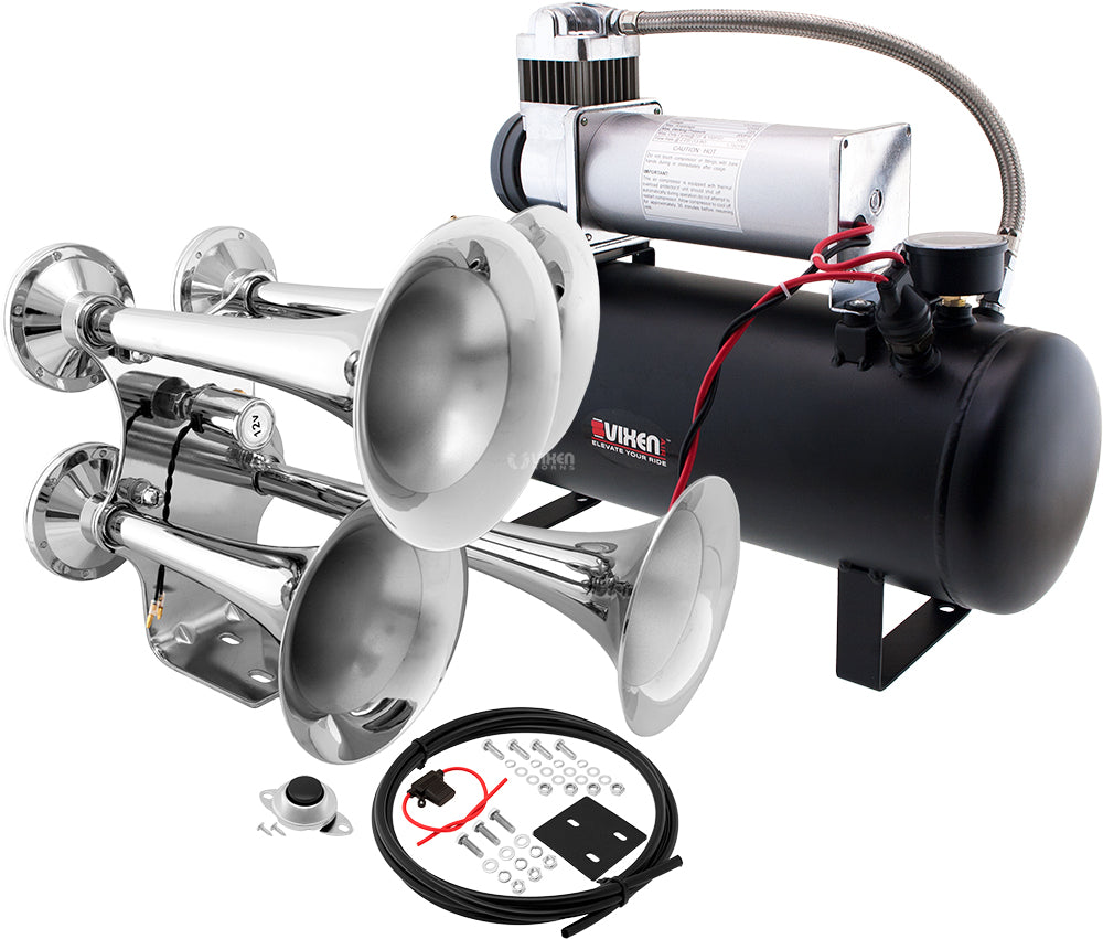 VIXEN HORNS VXO8580/4318C QUAD TRUMPET TRAIN AIR HORN CHROME PLATED WITH 2.5 GALLON TANK AND 200 PSI COMPRESSOR image 0