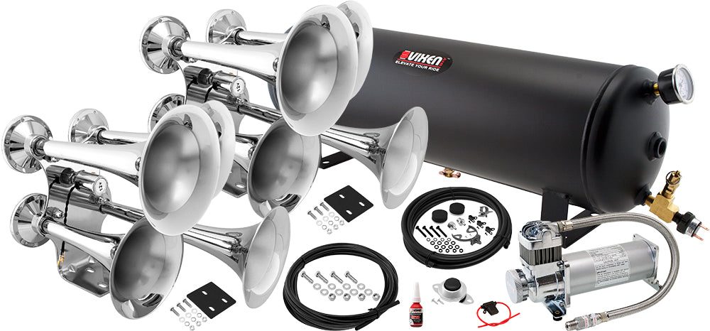 VIXEN HORNS VXO8341PRO/4318C2 DUAL QUAD TRUMPET TRAIN AIR HORN CHROME PLATED WITH 4 GALLON TANK AND 200 PSI COMPRESSOR image 0