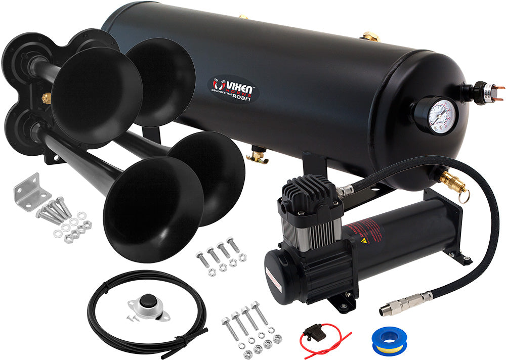 VIXEN HORNS VXO8330B/4114B QUAD TRUMPET TRAIN AIR HORN BLACK WITH 3 GALLON TANK AND 200 PSI COMPRESSOR image 0