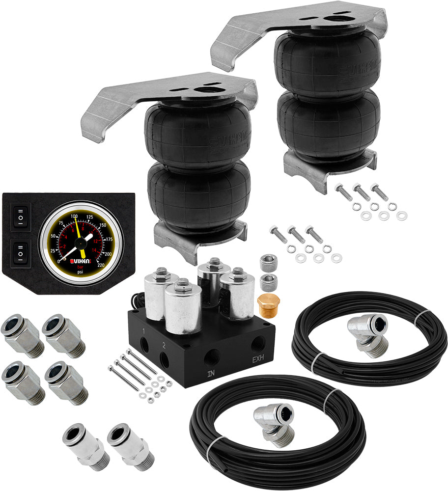 VIXEN AIR VXF2CM0125B/BB 4 VALVE SUSPENSION MANIFOLD WITH TWO 2500 AIR SPRINGS WITH UNIVERSAL BRACKETS, ONE DUAL NEEDLE BLACK GAUGE PANEL, 3/8" OD HOSE 50 FT, 1/4" OD HOSE 35 FT AND FITTINGS image 0