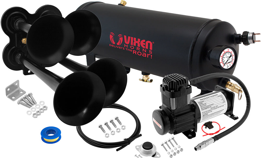 VIXEN HORNS VXO8115B/4114B QUAD TRUMPET TRAIN AIR HORN BLACK WITH 1.5 GALLON TANK AND 150 PSI COMPRESSOR image 0