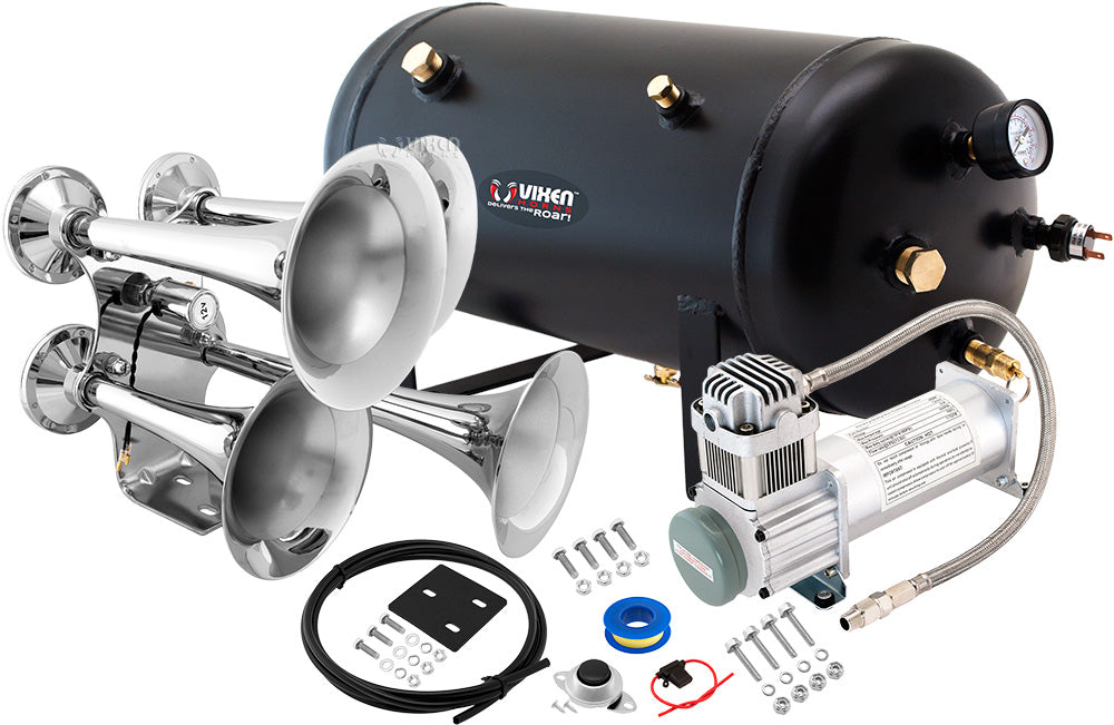 VIXEN HORNS VXO8350/4318 QUAD TRUMPET TRAIN AIR HORN CHROME PLATED WITH 5 GALLON TANK AND 200 PSI COMPRESSOR image 0