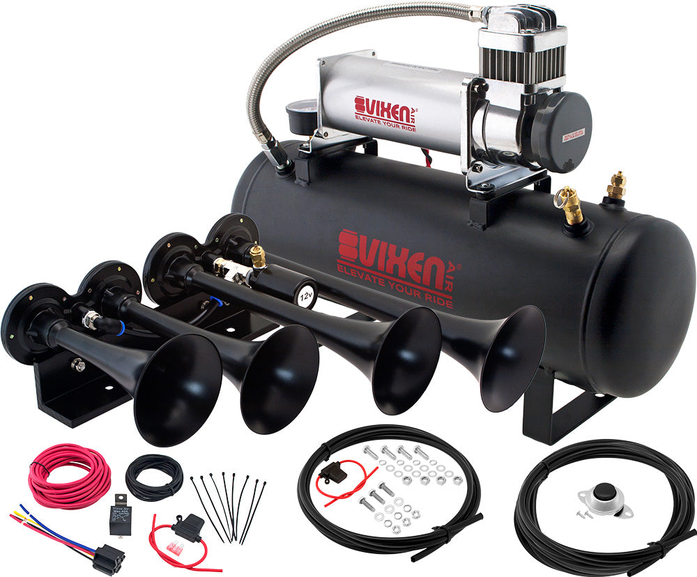 VIXEN HORNS VXPRO8824B QUAD TRUMPET TRAIN AIR HORN BLACK WITH 2.5 GALLON TANK AND 200 PSI COMPRESSOR image 0