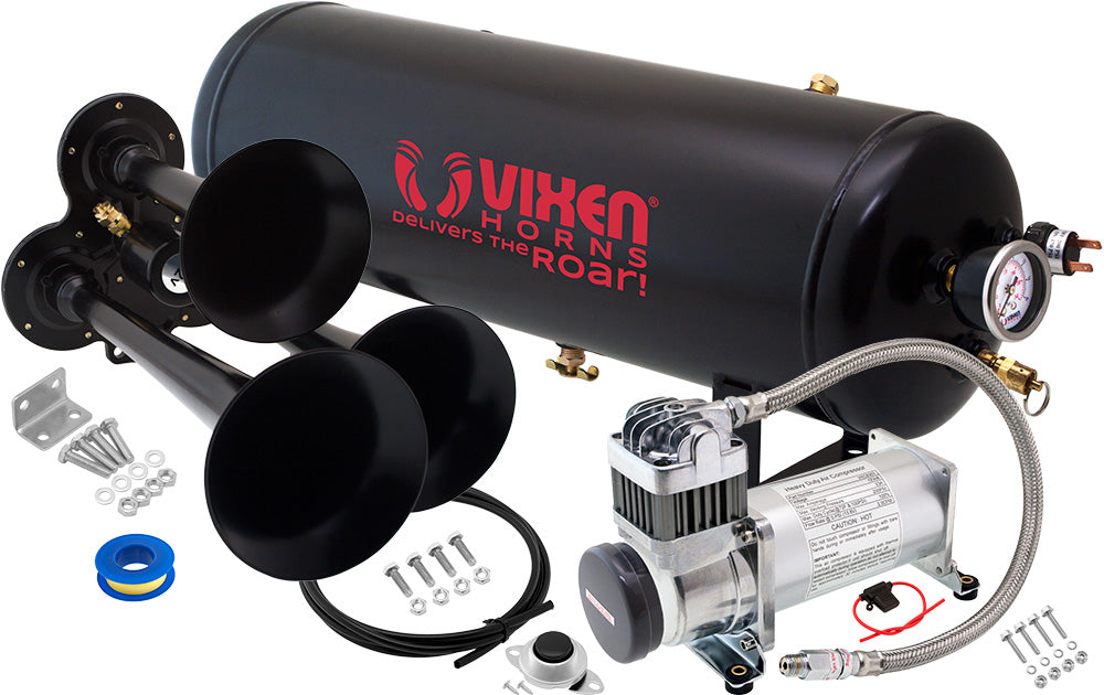 VIXEN HORNS VXO8325/3114B TRIPLE TRUMPET TRAIN AIR HORN BLACK WITH 2.5 GALLON TANK AND 200 PSI COMPRESSOR image 0