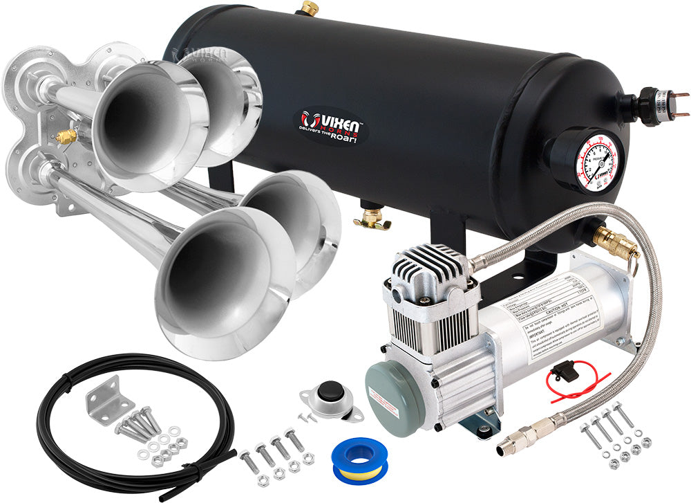 VIXEN HORNS VXO8315/4114 QUAD TRUMPET TRAIN AIR HORN CHROME PLATED WITH 1.5 GALLON TANK AND 200 PSI COMPRESSOR image 0