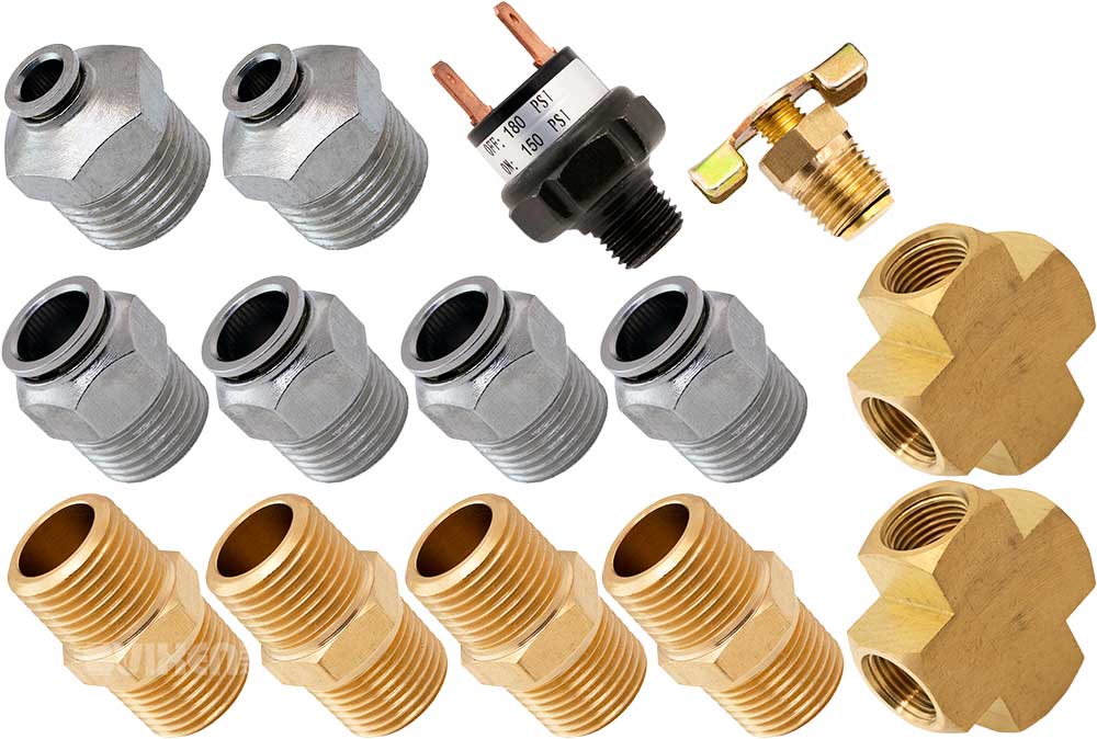VIXEN AIR VXK1236 SET OF FITTINGS FOR FOUR 1/2" NPT AIR VALVES USING 1/2" AND 1/4" OD AIR LINES, PRESSURE SWITCH INCLUDED image 0