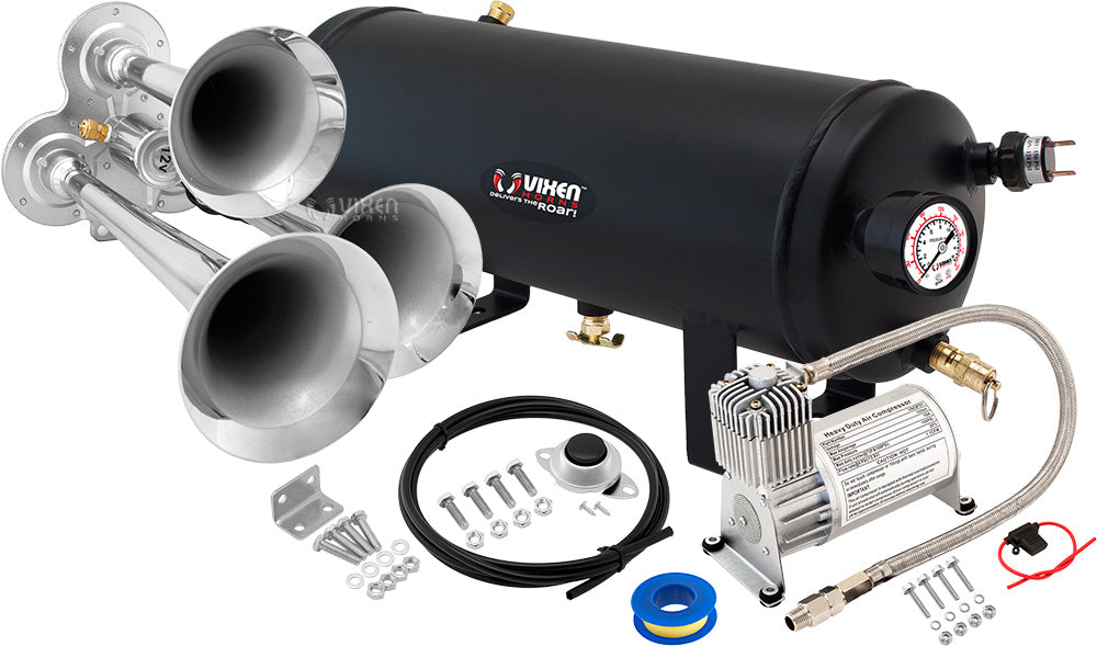 VIXEN HORNS VXO8715/3114 TRIPLE TRUMPET TRAIN AIR HORN CHROME PLATED WITH 1.5 GALLON TANK AND 150 PSI COMPRESSOR image 0
