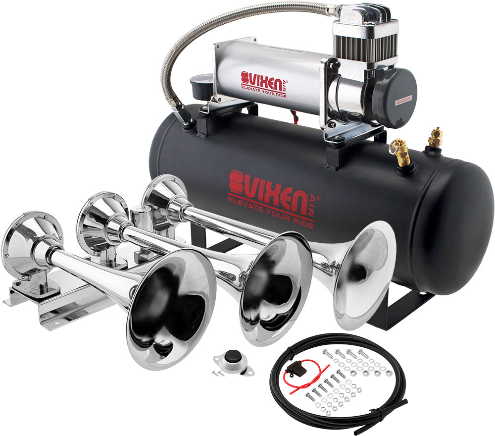 VIXEN HORNS VXO8580/3418C TRIPLE TRUMPET TRAIN AIR HORN CHROME PLATED WITH 2.5 GALLON TANK AND 200 PSI COMPRESSOR image 0