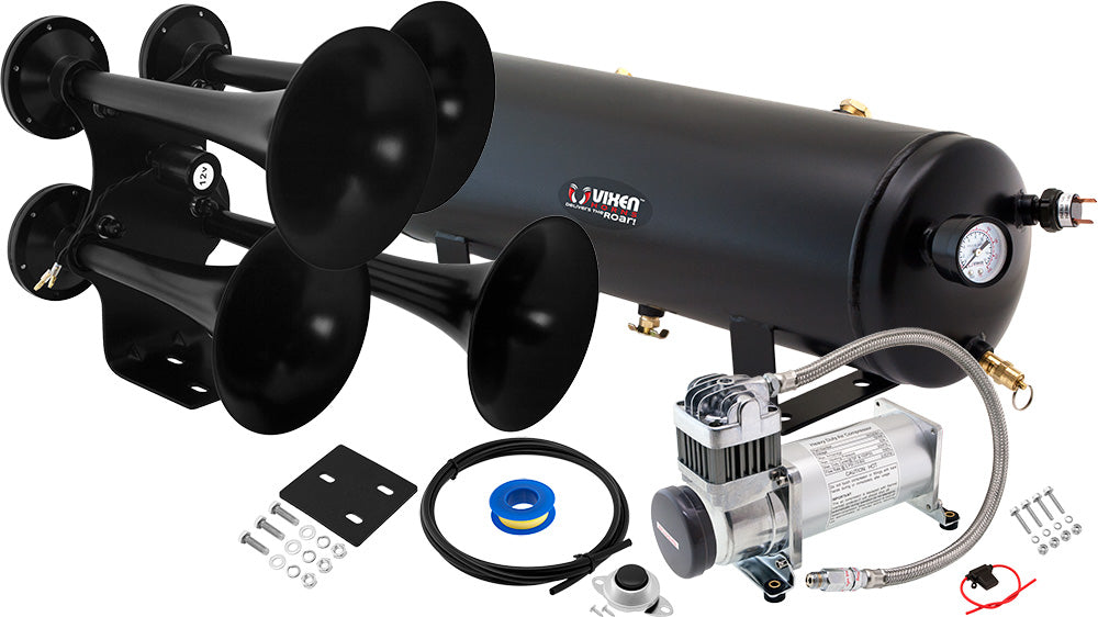 VIXEN HORNS VXO8330/4318B QUAD TRUMPET TRAIN AIR HORN BLACK WITH 3 GALLON TANK AND 200 PSI COMPRESSOR image 0