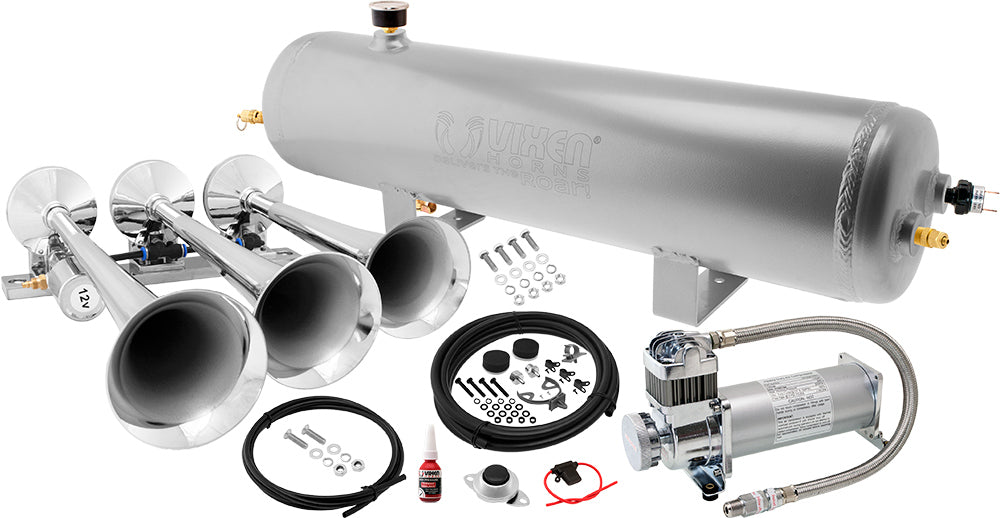 VIXEN HORNS VXO8330APRO/3118C TRIPLE TRUMPET TRAIN AIR HORN CHROME PLATED WITH 3 GALLON ALUMINUM TANK AND 200 PSI COMPRESSOR image 0