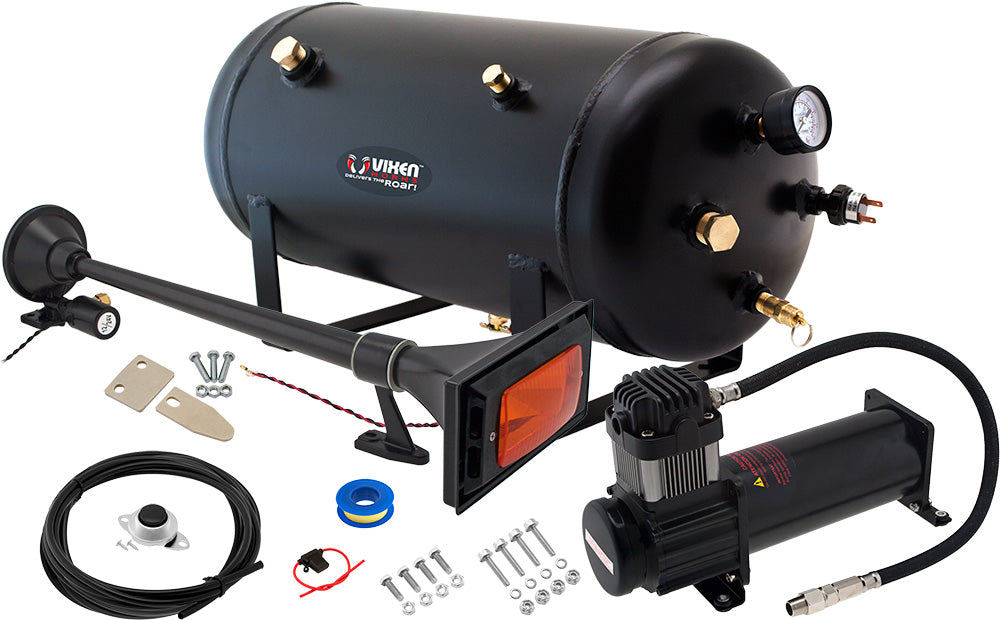 VIXEN HORNS VXO8350B/1264YB SINGLE TRUMPET TRAIN AIR HORN BLACK WITH 5 GALLON TANK AND 200 PSI COMPRESSOR image 0